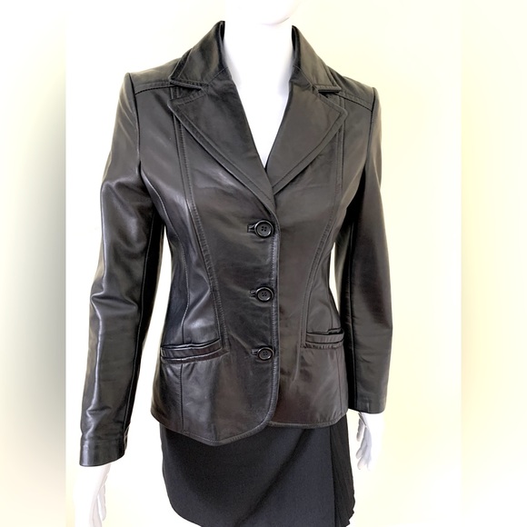 Danier Black Genuine Leather Blazer Button Jacket Goth Matrix Double Collar XXS - Picture 6 of 16